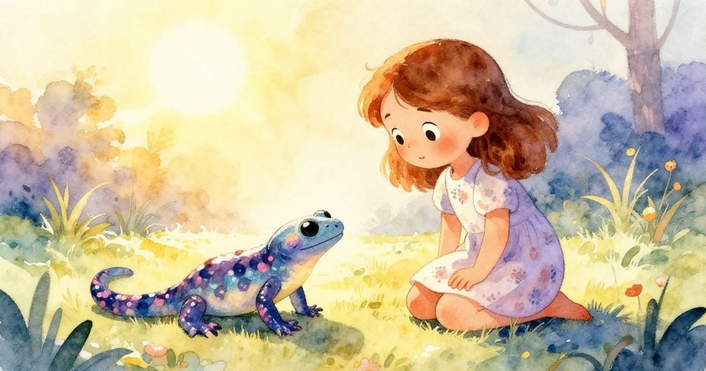 在阳光温暖的金色光辉下，克拉拉跪在一只闪烁的蝾螈旁，周围是一片宁静的开阔地，象征着理解和智慧。