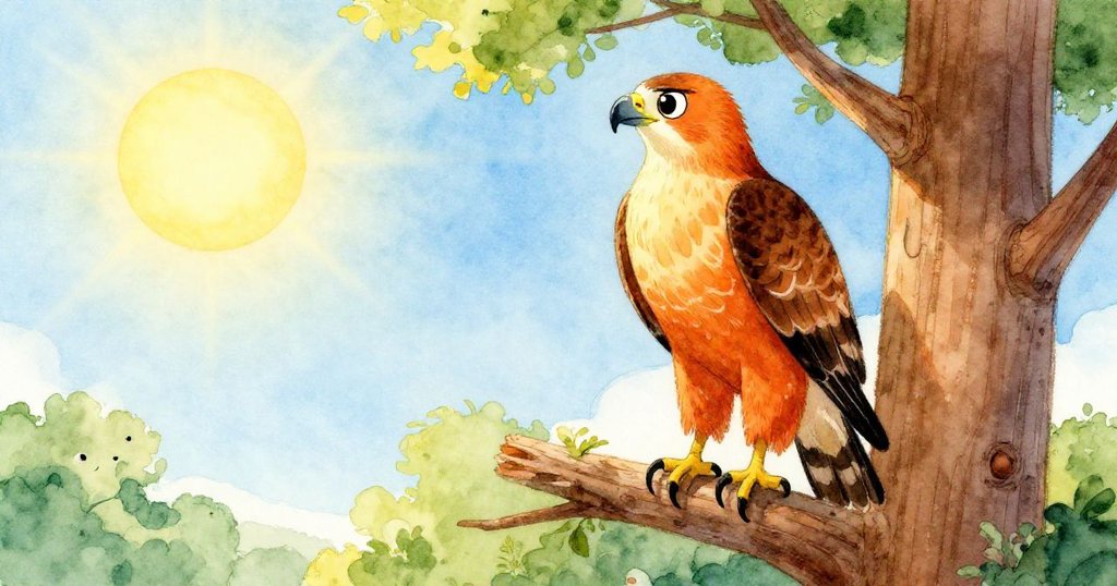 在高樹上,勇敢的鷹展翅高飛,仰望著明亮的藍天,陽光灑下溫暖的光輝。