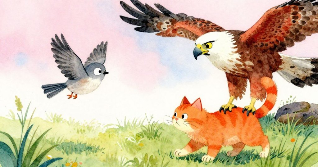 小鳥驚慌失措地飛向鷹,發出求救的聲音,而一隻橘色的貓則悄悄潛伏在草叢中。
