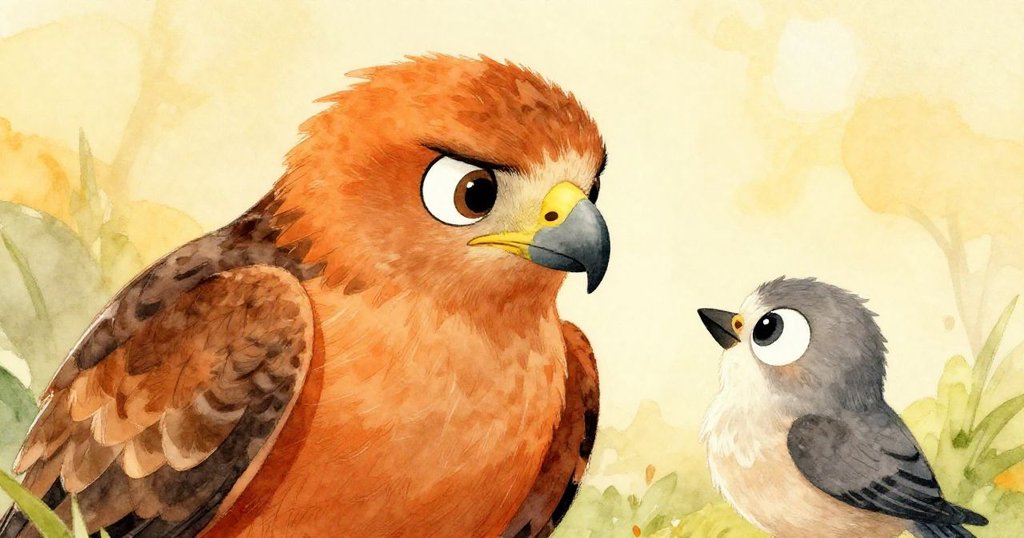 鷹看著貓,臉上流露出堅定的神情,心中充滿勇氣,準備幫助小鳥。