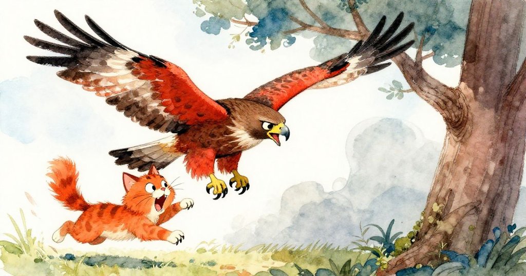 鷹展翅高飛,發出響亮的聲音,驚嚇到貓咪,貓咪慌忙逃跑。