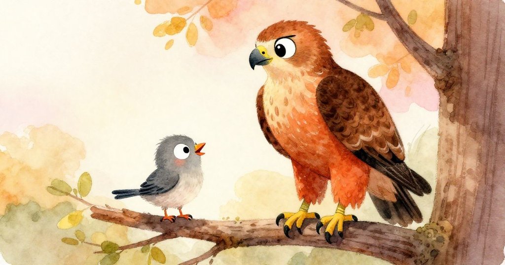 小鳥開心地站在鷹的旁邊,感謝鷹的勇敢,陽光灑下溫暖的光輝。