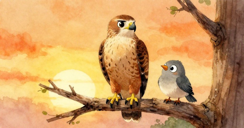 在美麗的日落中,鷹和小鳥並肩坐在樹枝上,分享著他們的友誼。