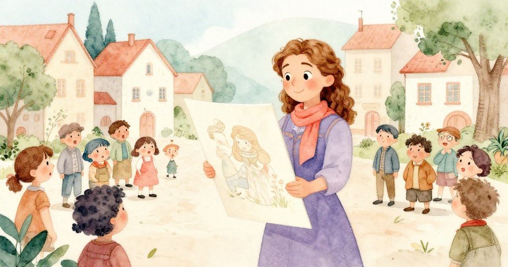 在村莊廣場中，安娜自信地舉著一張海報，村民們圍在周圍，表情各異。