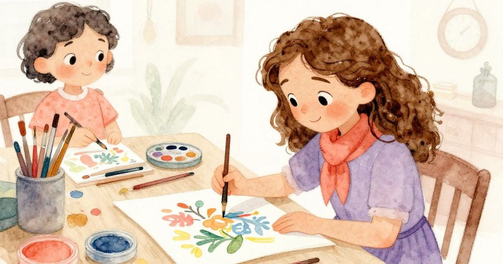 安娜專注地在雜亂的桌子上畫著一張色彩鮮豔的海報，顯示出她的努力和創意。