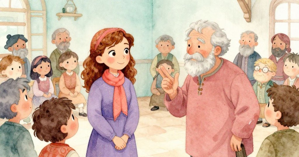 在溫馨的社區會議上，一位老年人質疑安娜的意圖，安娜雖然緊張但依然堅定地站著，村民們專心聆聽。