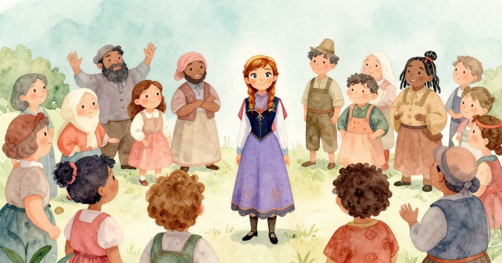 村民們圍在安娜身邊，熱情地討論著想法，展現出社區的活力和希望。