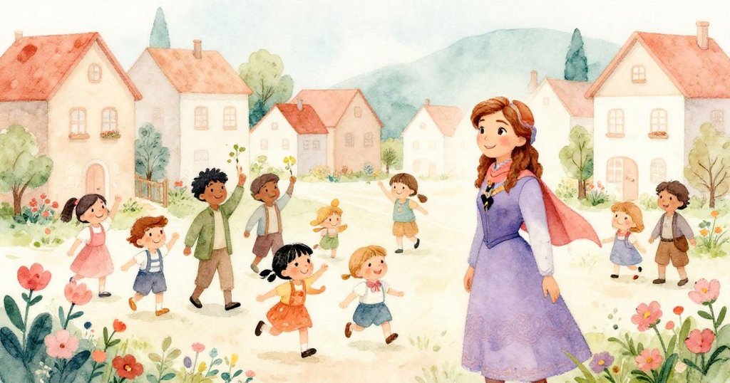 村莊變得生機勃勃，安娜和村民們快樂地站在一起，孩子們在玩耍，花兒盛開，展現出社區的和諧。