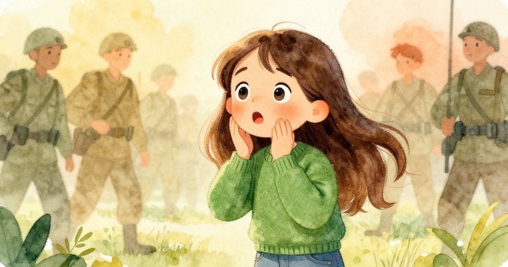 克拉的臉上流露出驚訝與頓悟，背景中隱約可見士兵的影像，象徵著歷史的回聲