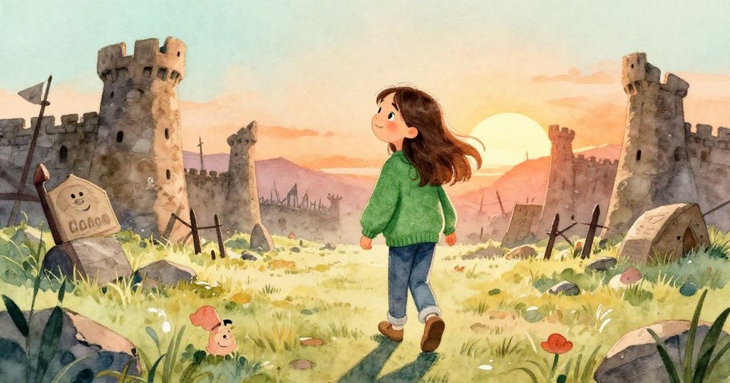 克拉微笑著回首古老的戰場，陽光在她身後落下，周圍的樹葉隨風舞動