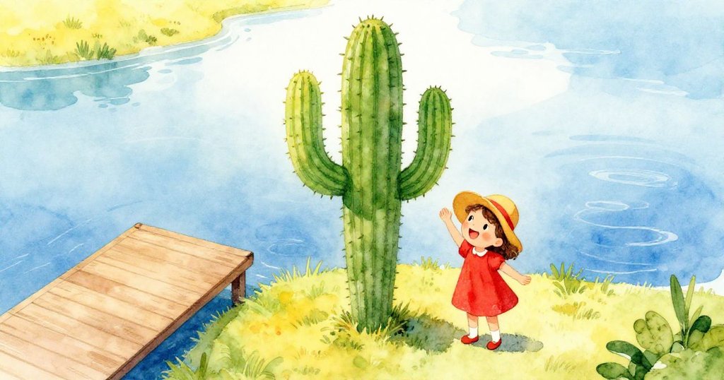 莉莉在湖邊看到高高的綠色仙人掌，陽光燦爛，湖面閃爍著光芒。