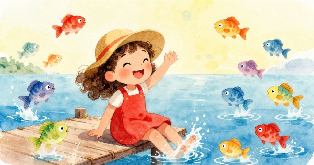 莉莉坐在碼頭上，腳懸在水面上，快樂地看著游泳的魚。