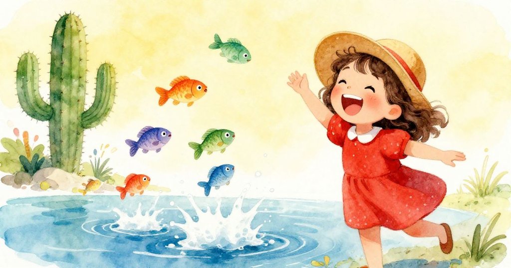 莉莉快樂地看著魚跳出水面，仙人掌高高矗立在她旁邊。