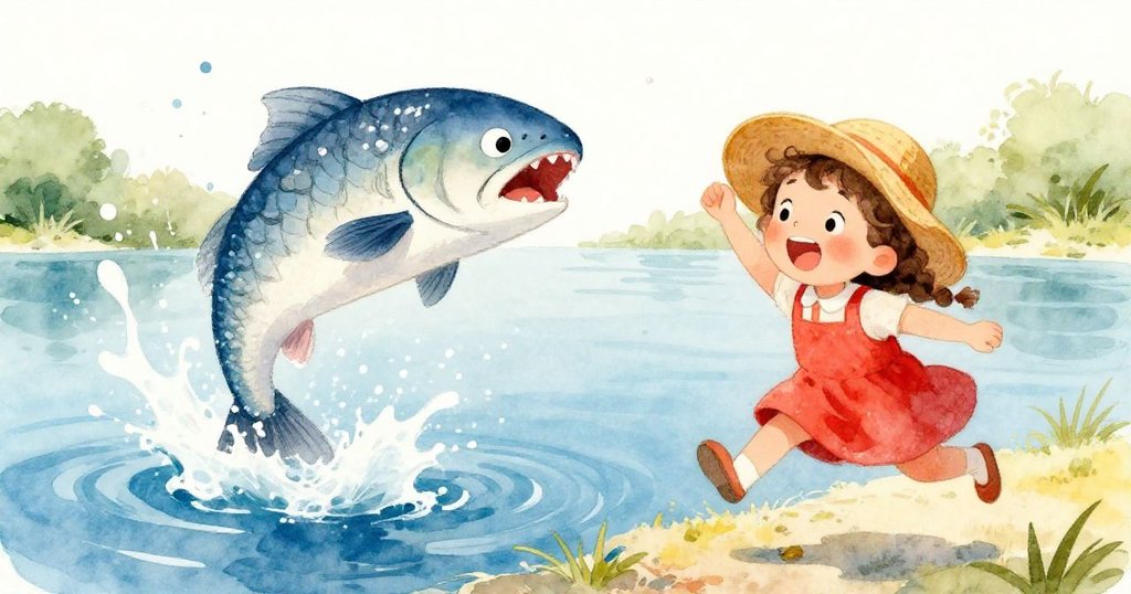 一條大魚跳出水面，濺起大水花，莉莉驚喜地笑著。
