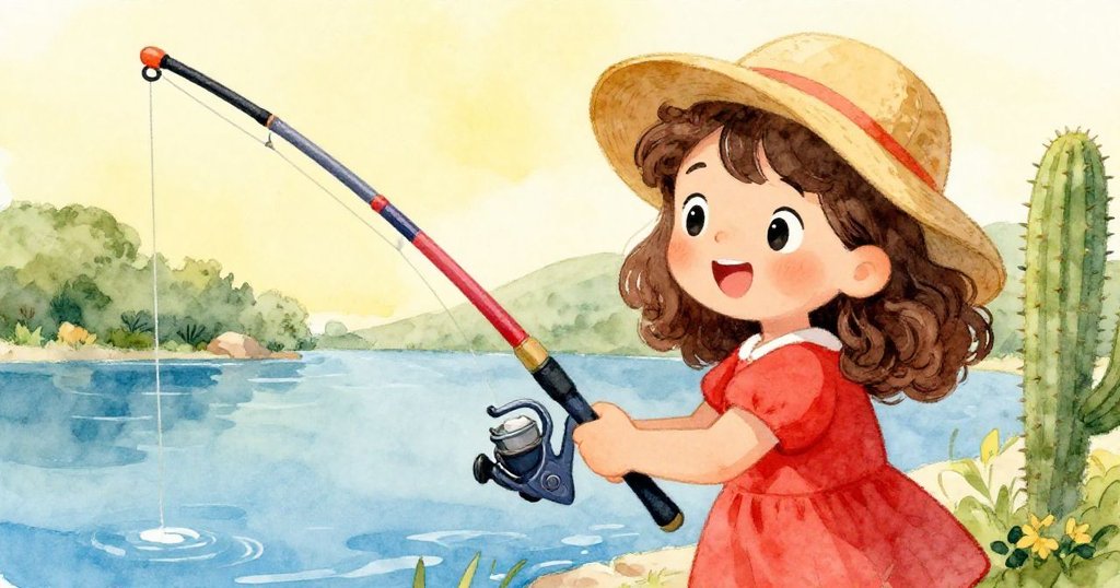 莉莉握著五顏六色的釣魚竿，準備在湖邊釣魚，仙人掌在她身邊。