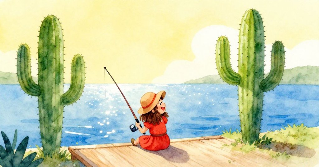 莉莉坐在碼頭上，期待地看著閃閃發光的湖水，旁邊高高的仙人掌增添了畫面趣味。