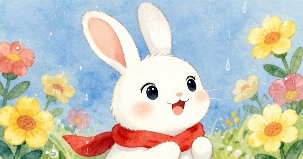 貝拉兔子臉上洋溢著喜悅，當柔和的雨滴開始降落時，她的眼中閃爍著光彩。