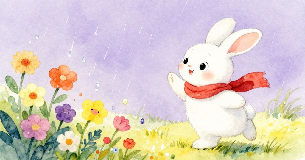 貝拉兔子興奮地看著色彩繽紛的花朵在柔和的雨中舞動，花朵在雨中搖曳，展現出它們明亮的色彩。