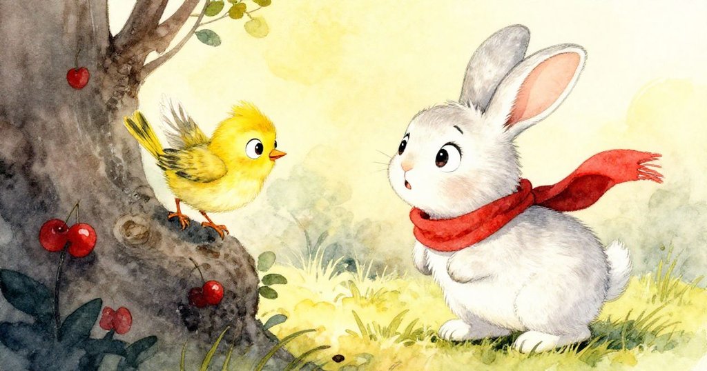 貝拉兔子關切地走向一叢灌木，裡面有一隻小鳥被困住，小鳥焦急地拍打著翅膀。