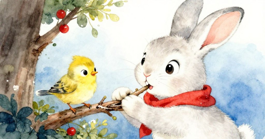 貝拉兔子專注地用她的牙齒輕輕拉開灌木的樹枝，幫助小鳥脫困，小鳥期待地看著。