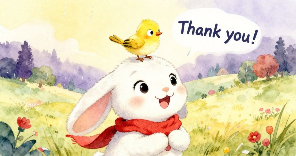 貝拉兔子驕傲地微笑著，小鳥在她的頭上啁啾著「謝謝！」，周圍是色彩繽紛的山谷和柔和的雨。