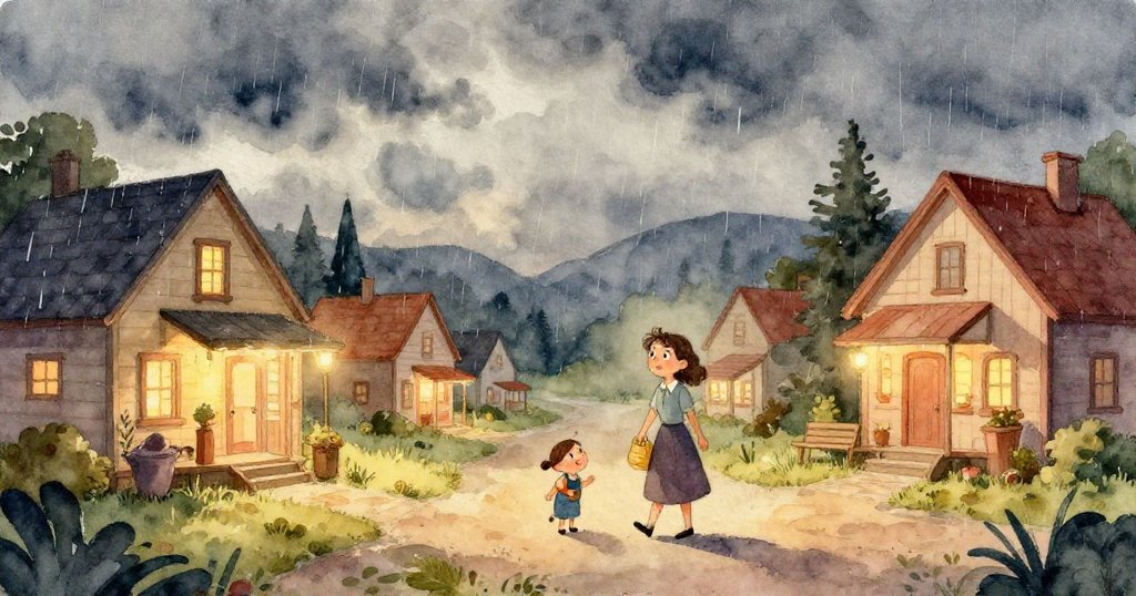 在陰雲密布的早晨，瑪麗亞手持明亮的雨傘走在樹木成行的街道上，樹葉上閃爍著雨滴，路面映照著灰色的天空。