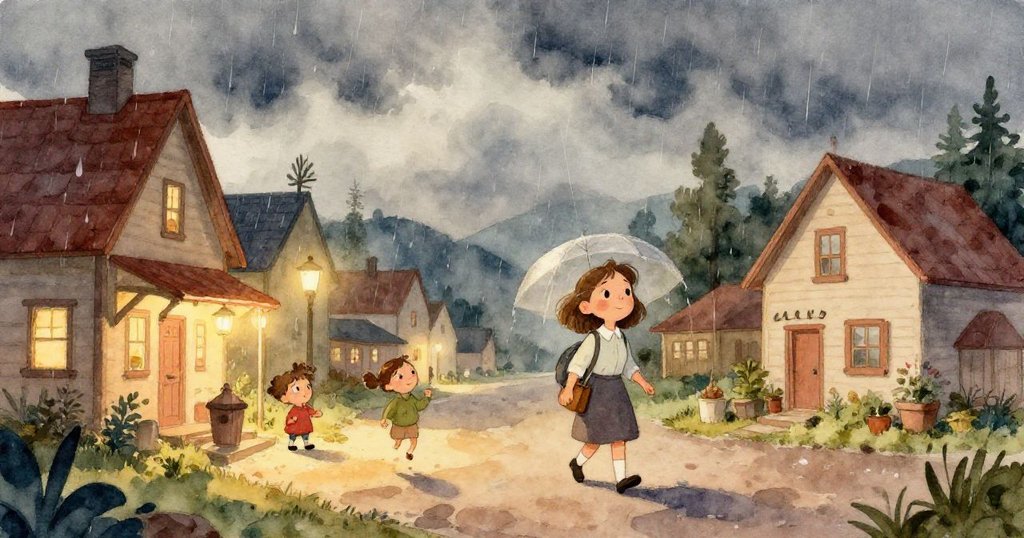 瑪麗亞臉部特寫，微笑著，眼中流露出驚奇，周圍有色彩斑斕的思考氣泡，描繪著在雨中跳舞和學習水循環的圖像。