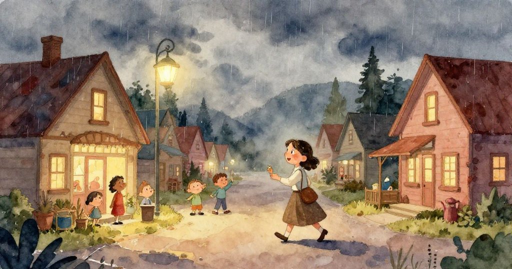 瑪麗亞站在教室前方，指著水循環的海報，學生們坐在課桌前，充滿好奇地向前傾身，背景是與雨有關的裝飾。