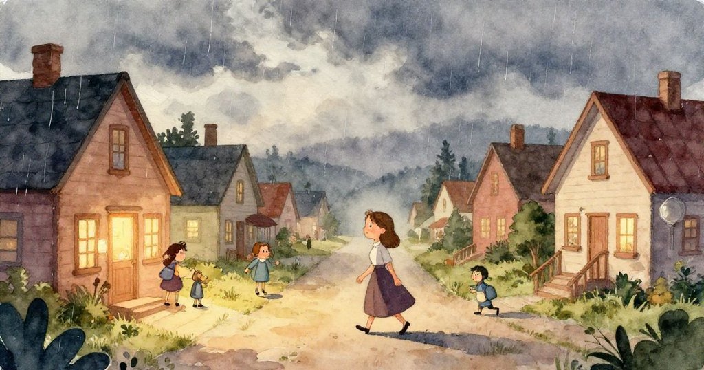 在教室裡，瑪麗亞開懷大笑，學生們圍著她分享關於雨的笑話，愉悅的氛圍中充滿了色彩斑斕的畫作。