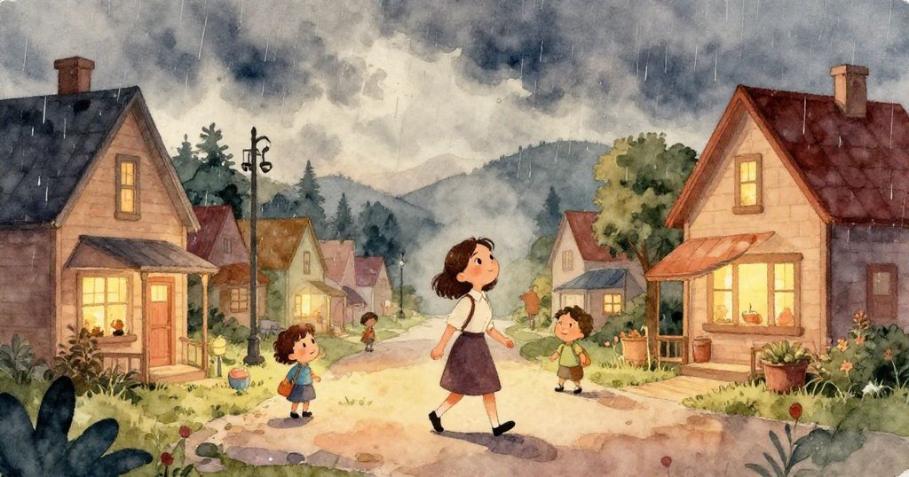 瑪麗亞站在教室的窗邊，微笑著看著窗外的雨，學生們專注於創作受雨啟發的藝術作品，教室裡的氛圍舒適宜人。