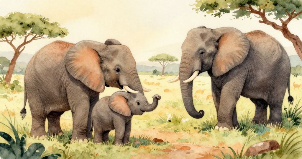 在色彩繽紛的草原上,小象圖拉靜靜地望著夕陽下的老象身影,周圍環繞著金色的草地和遠方的樹木。