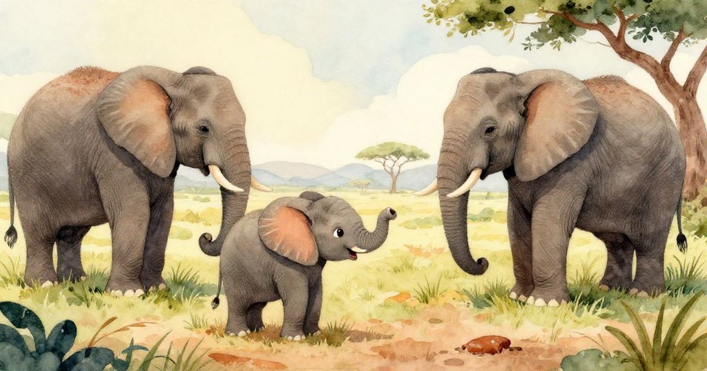 小象圖拉圍繞在一群動物之中,聽著他們熱烈討論河邊的冒險,夕陽的金色光芒為整個場景增添了溫暖的色彩。