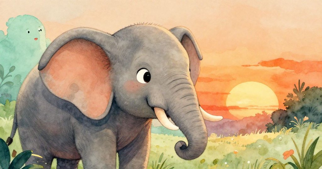 小象圖拉面帶堅定的神情,凝視著草原外的未知世界,夕陽的光線勾勒出她的輪廓,增添了神秘感。