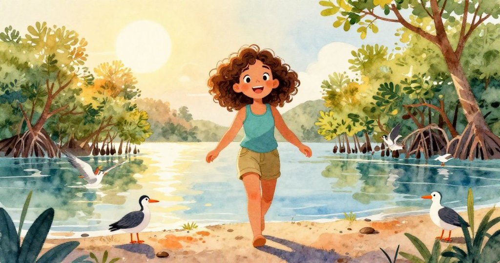 克拉朝著潟湖走去,陽光照耀著閃閃發光的水面,周圍環繞著茂盛的紅樹林和五顏六色的海鳥。