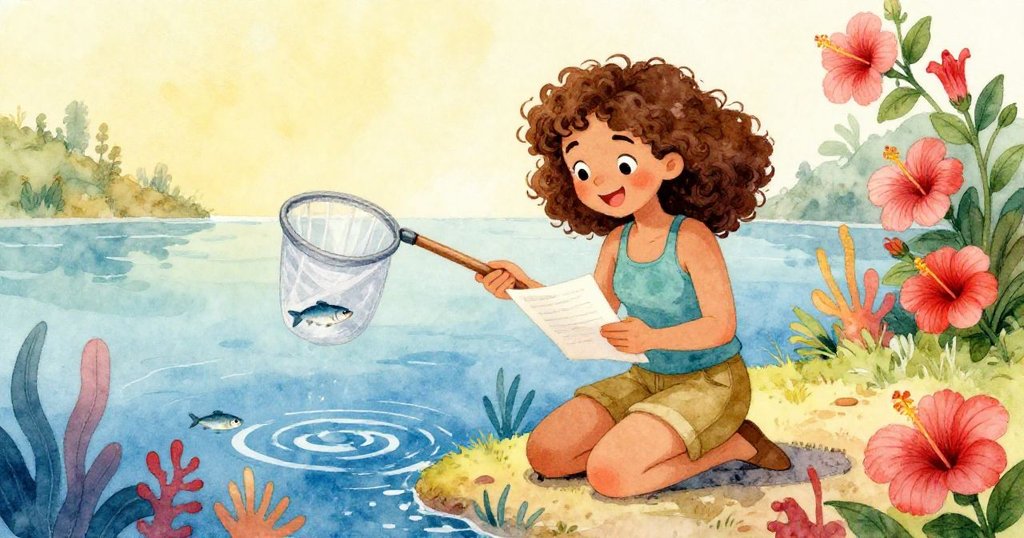 克拉在潟湖邊跪下,用小網捕捉魚,並在筆記本上記錄,周圍環繞著生機勃勃的海洋生物和盛開的木槿花。