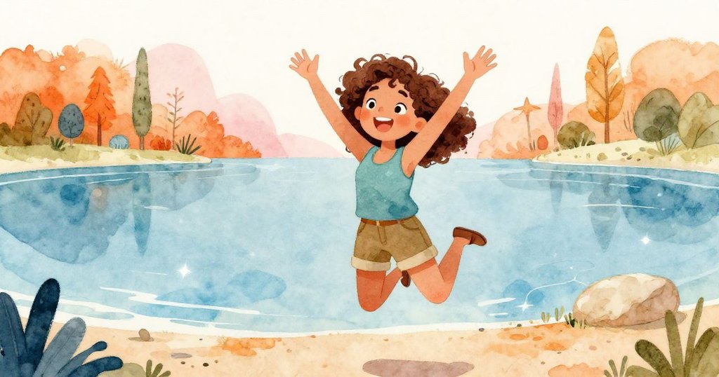 克拉在閃閃發光的潟湖前快樂地跳起來,雙臂高舉,流露著對她發現的興奮。