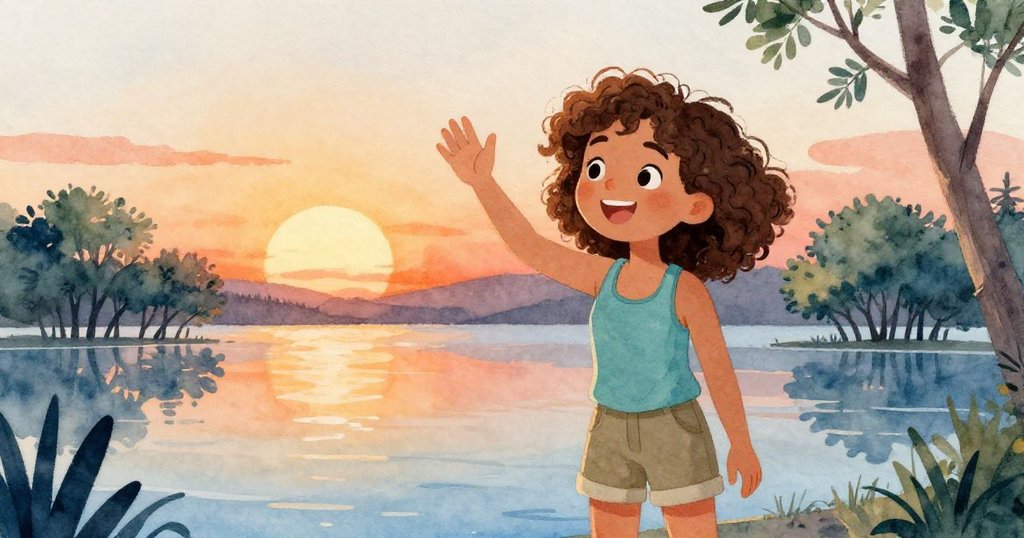 克拉在日落時分微笑著向潟湖揮手告別,背後的陽光把整個場景染上溫暖的色調。