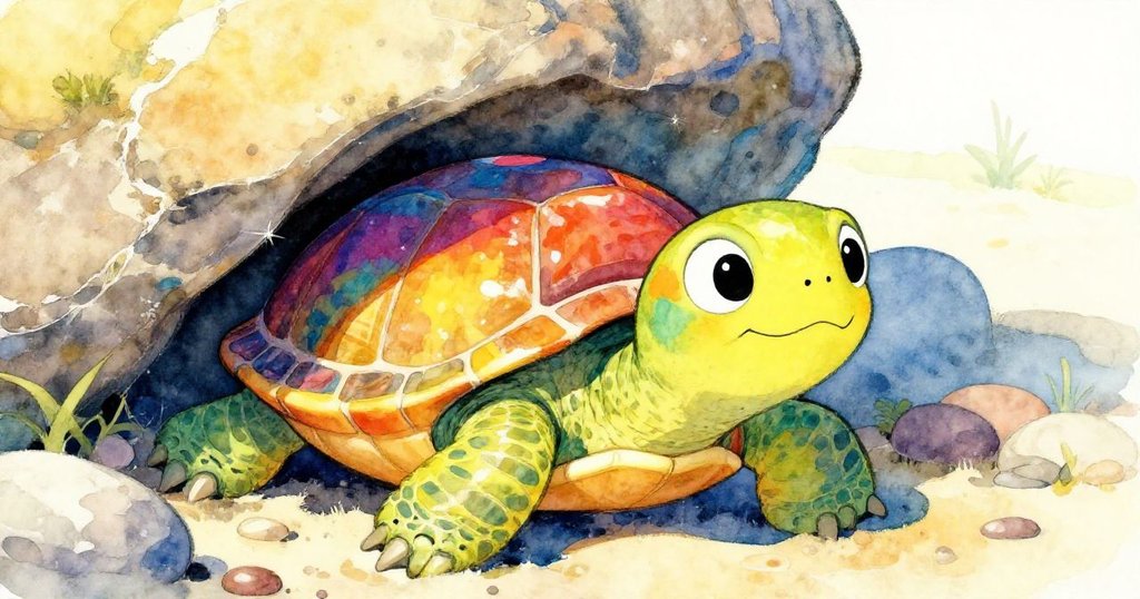 彩色海龜好奇地探頭在一塊石頭下，眼睛閃閃發光，前景是閃亮的貝殼和小卵石。