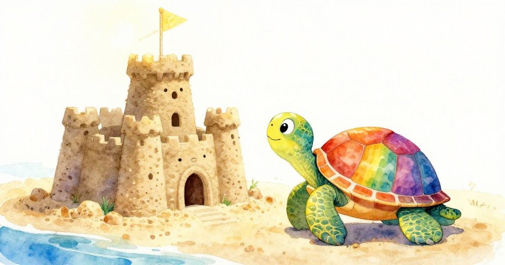 彩色海龜驚奇地看著一座壯觀的沙堡，陽光照耀下沙堡閃閃發光，背景是沙灘。