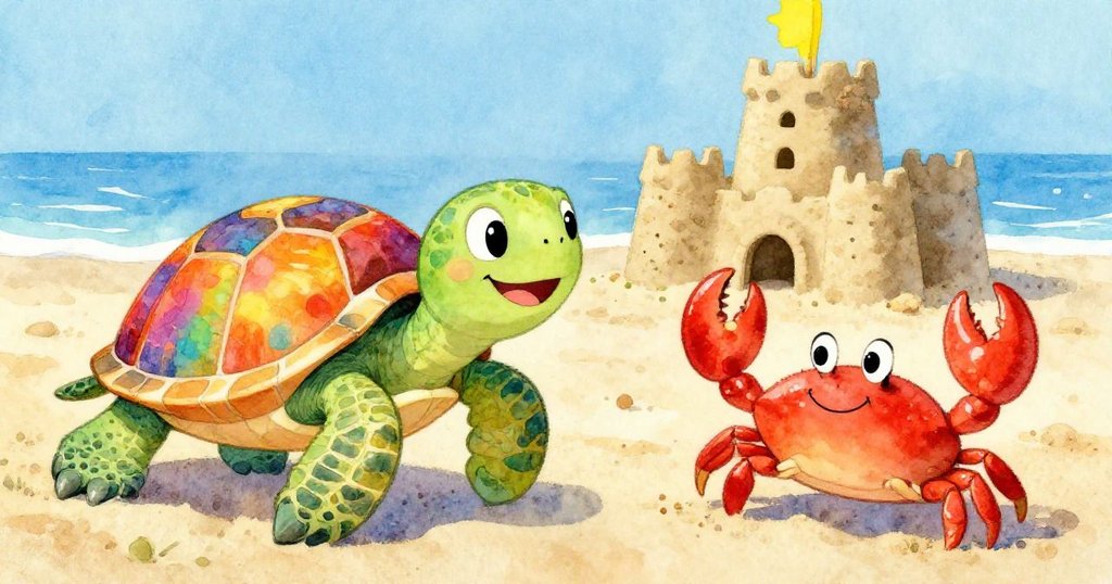 彩色海龜對一隻友好的螃蟹微笑，螃蟹用爪子做出提供幫助的動作，沙堡在背景中。