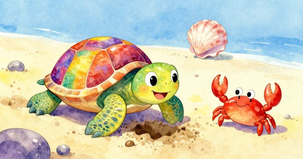 彩色海龜興奮地在沙灘上挖沙，而友好的螃蟹揮舞著一個貝殼，周圍散落著貝殼和岩石。