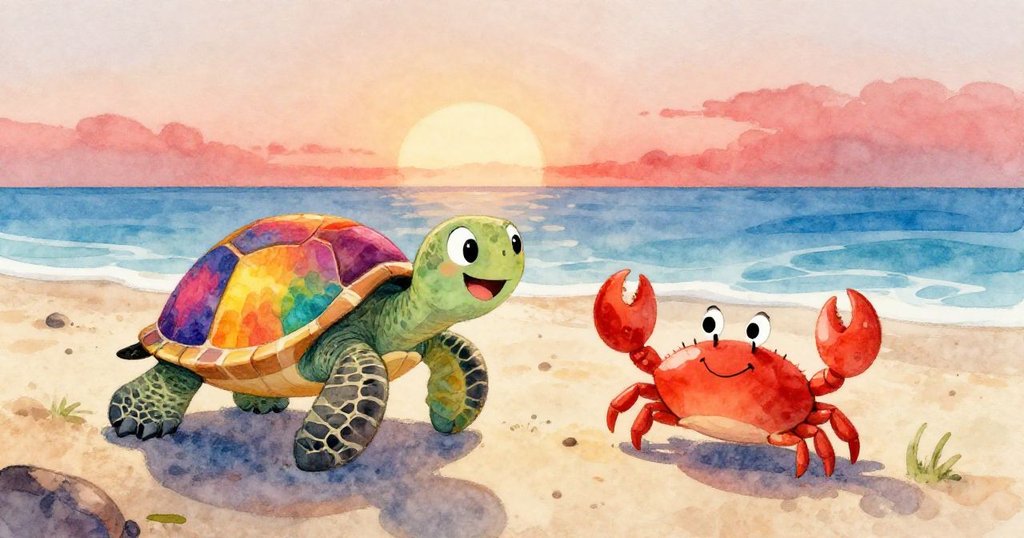 彩色海龜和友好的螃蟹在沙灘上玩耍，面帶喜悅的表情，夕陽下的沙灘與五彩的天空。