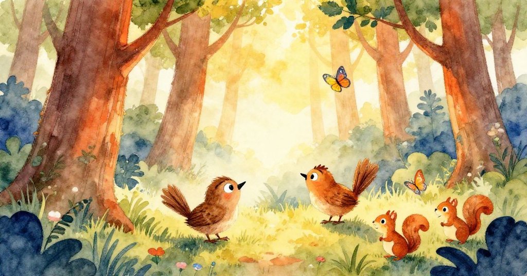在晨曦中，小鹪鹩凝視著高大的樹木，森林充滿了生命，蝴蝶翩翩起舞，松鼠在玩耍。