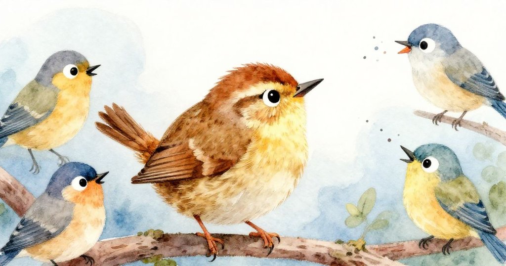 小鹪鹩坐在樹枝上，眼神充滿渴望，專注地聆聽周圍五顏六色的鳥兒們在歌唱。