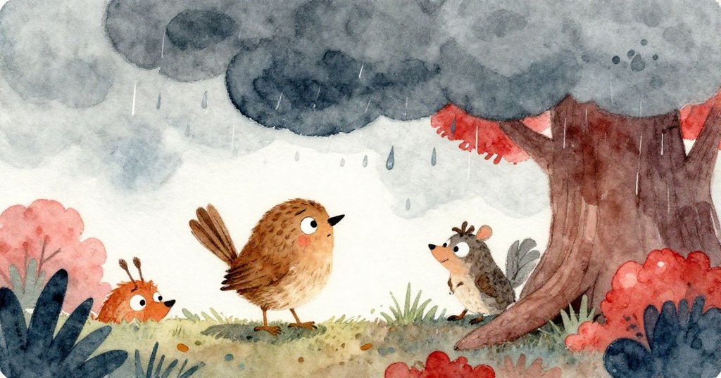 小鹪鹩抬頭望著烏雲，臉上流露出擔憂的神情，周圍開始落下雨滴，森林中的動物們在尋找庇護。