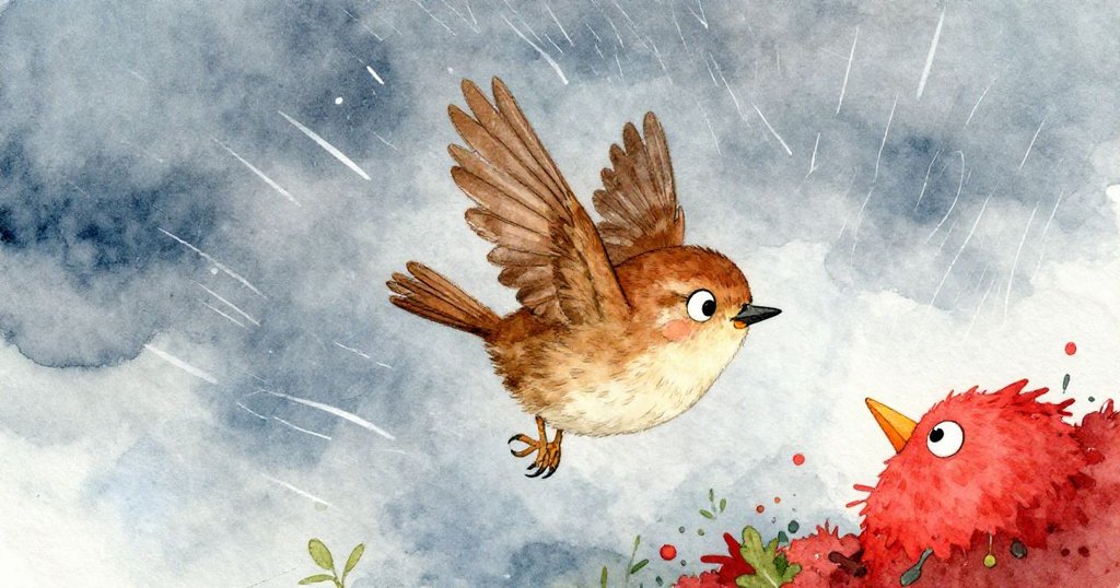 小鹪鹩勇敢地飛入風暴中，周圍狂風怒號，雨水傾瀉，顯示出她的堅定與勇敢。