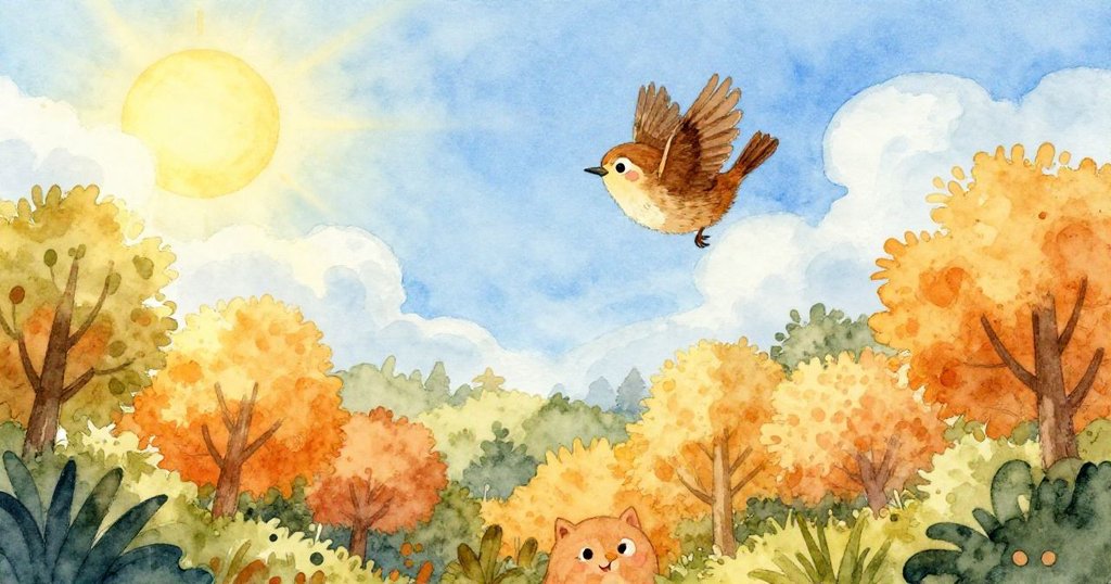 小鹪鹩在晴朗的藍天中快樂地翱翔，陽光穿透烏雲，照耀著下方充滿生機的森林，動物們在陽光下歡呼雀躍。