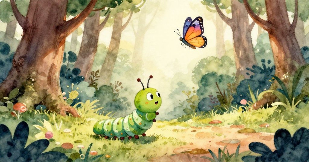 在一個充滿生命的森林裡，黎明的曙光照耀著，查理這隻小毛毛蟲仰望著翩翩起舞的蝴蝶，心中充滿了夢想。
