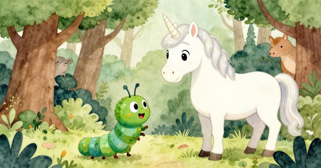 查理這隻小毛毛蟲興奮地向優雅的獨角獸分享他的夢想，周圍是茂密的樹木和好奇的森林小動物們。