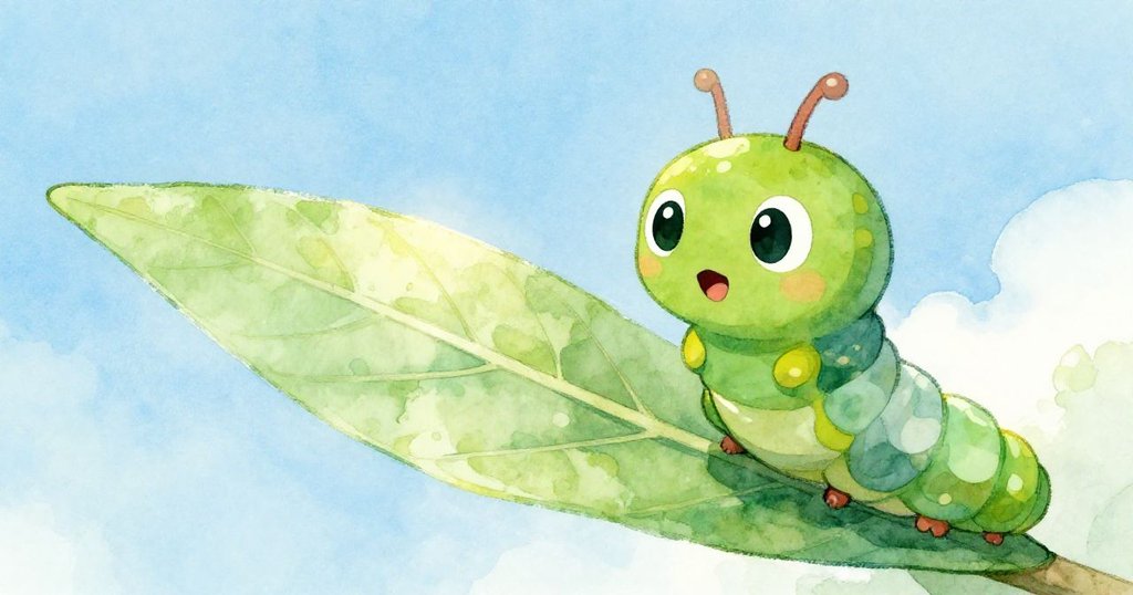 查理這隻小毛毛蟲仔細檢查一片大而柔軟的葉子，準備為他的變身做好準備，臉上流露出堅定的神情。